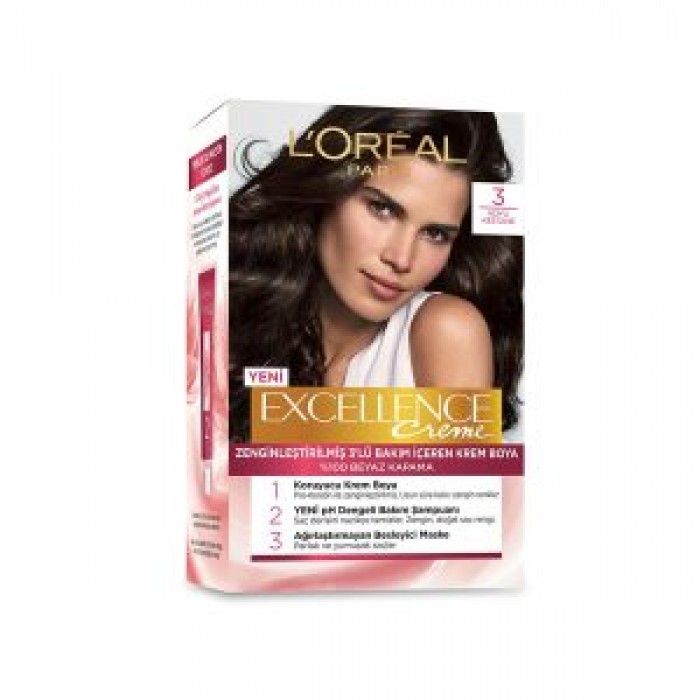 کیت رنگ مو LOREAL سری EXCELLENCE CREME شماره ۳ رنگ بلوطی تیره لورآل