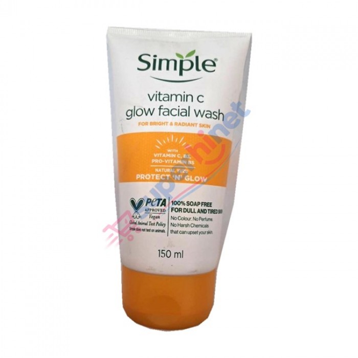شوینده صورت . ویتامین C پوست کدر سیمپل مدل Protect ’N’ Glow Vitamin C Glow Facial Wash Simple حجم ۱۵۰ میلی‌لیتر